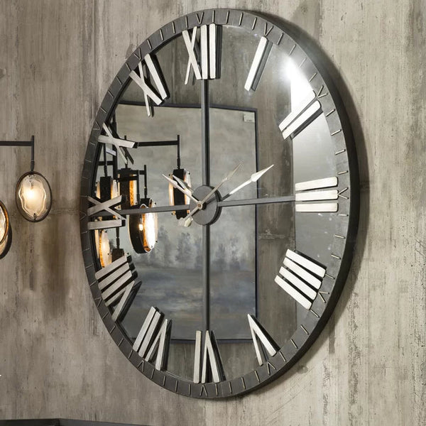 Wandklok Elias spiegel Zwart Grijs 60cm - Wandklok romeinse cijfers - Industriële wandklok stil uurwerk