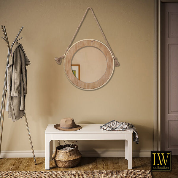 Wandspiegel met touw bruin rond 50x50 cm hout en goud metaal