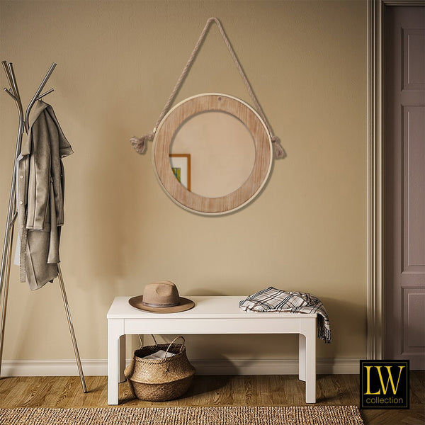 Wall mirror with rope brown round 50x50 cm wood and gold metal