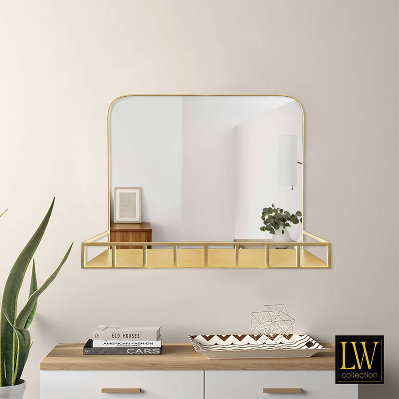 Miroir mural avec étagère métal doré 63x50 cm