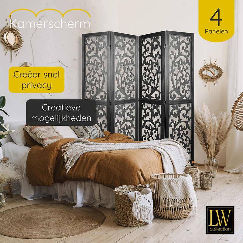 LW Collection Kamerscherm 4 panelen zwart 170X160CM - paravent - scheidingswand