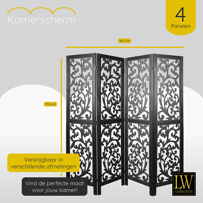 LW Collection Kamerscherm 4 panelen zwart 170X160CM - paravent - scheidingswand