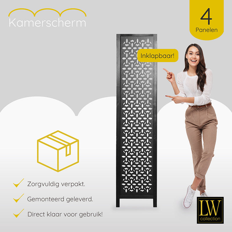 LW Collection Kamerscherm 4 panelen zwart 170X160CM - paravent - scheidingswand